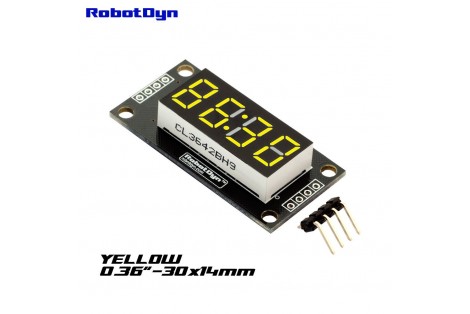 4-Digit LED Display Tube, 7-segments, TM1637, 30x14mm (Yellow (decimal point))